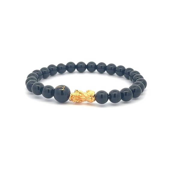 18K Gold Pixiu Piyao Bracelet Gemstones Onyx 6mm Elastic Bracelet Letter T - Picture 1 of 6